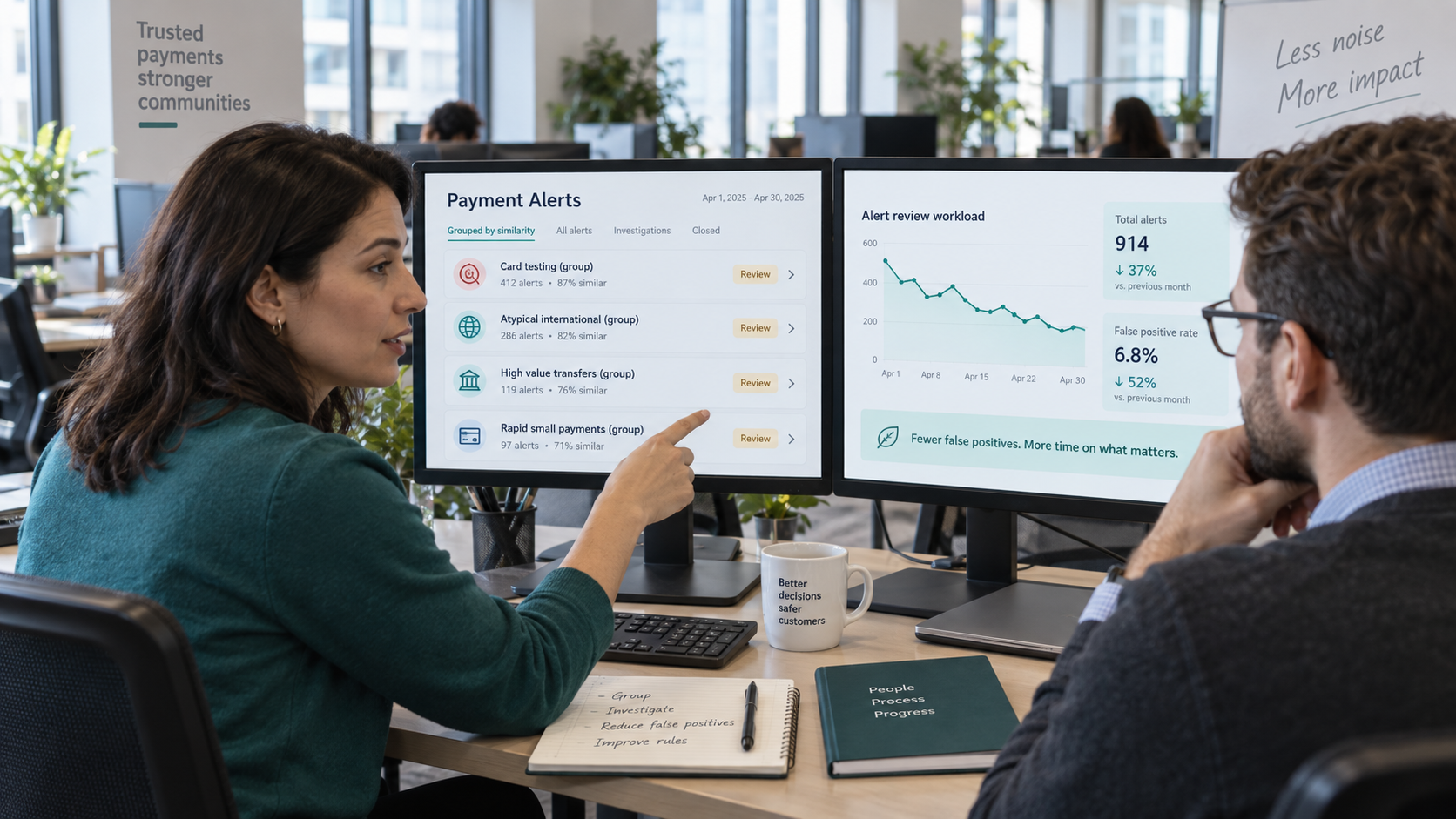 Fraud analysts reviewing grouped payment alerts