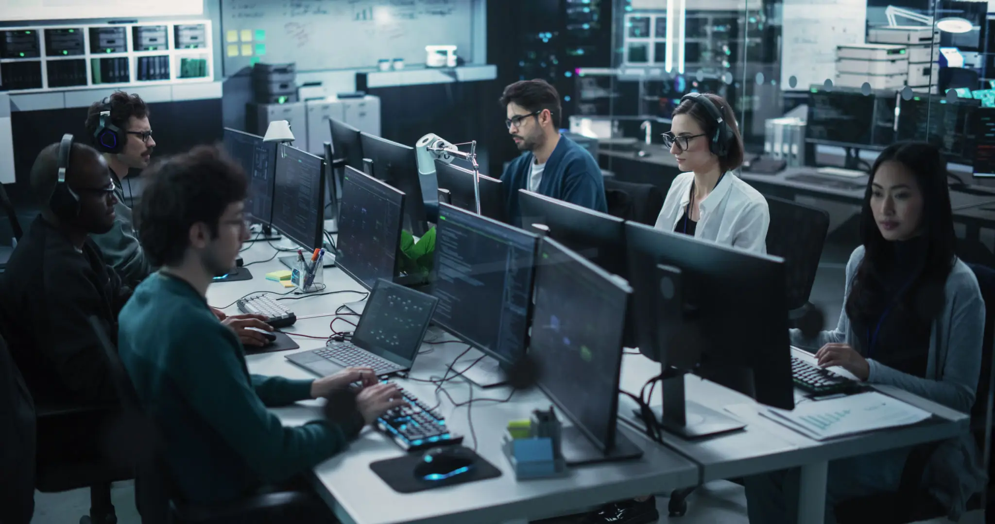 Team of IT professionals working on cyber defense operations